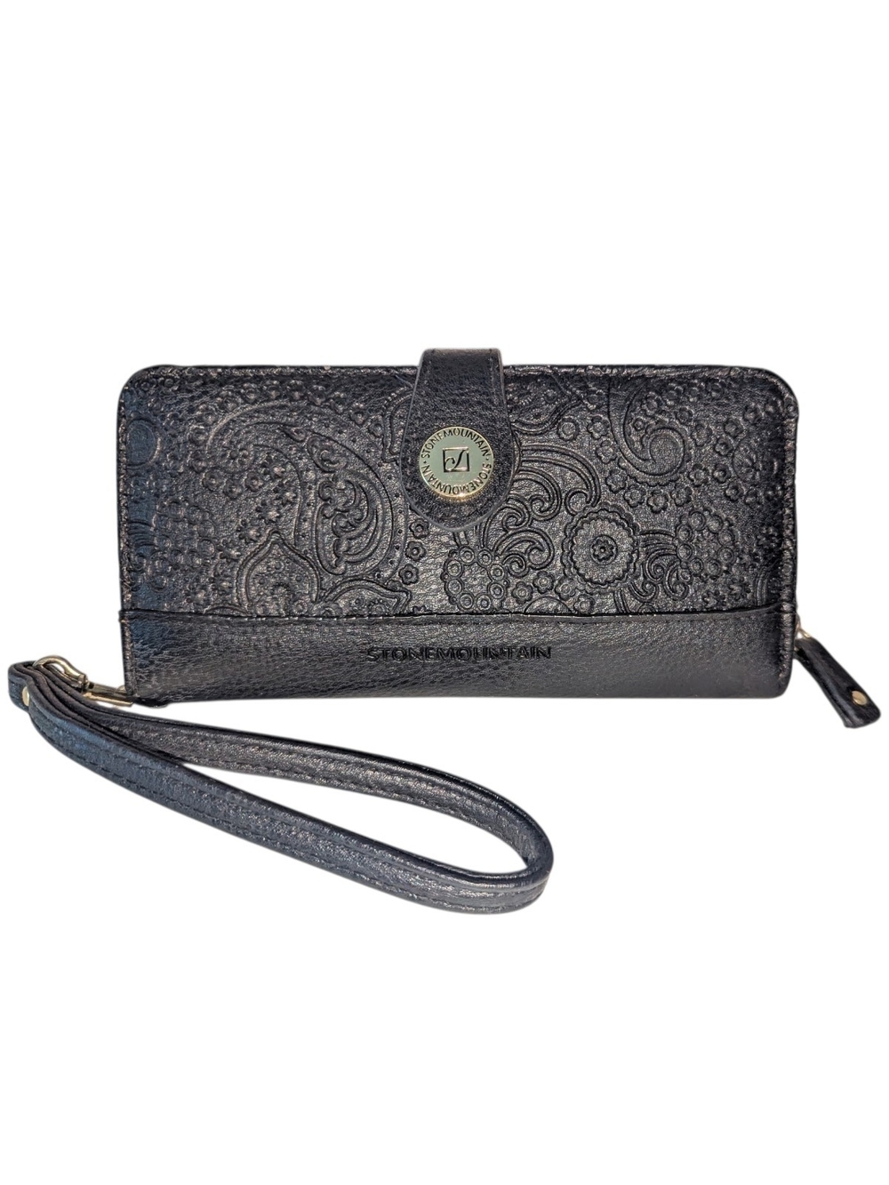 Stone Mountain Black Embossed Wristlet with Gold Accents